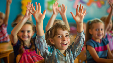 Fototapeta premium Smiling kids multiple races and nations in the class at school time happy to learn something new. Back to school concept.