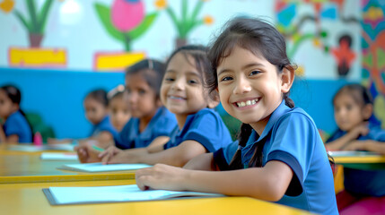 Fototapeta premium Smiling kids multiple races and nations in the class at school time happy to learn something new. Back to school concept.