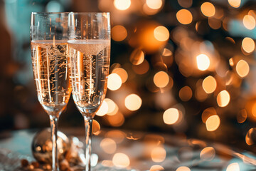 Two glasses of champagne on the table against blurred lights and decorations, creating a festive background. New Year's Eve celebration concept.