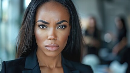 Obraz premium Black businesswoman angry expression, people blurred in background
