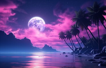 Dreamy Night Beach Scene with Full Moon and Palm Trees
