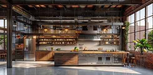 Modern Industrial Kitchen With Exposed Brick Walls And Large Windows