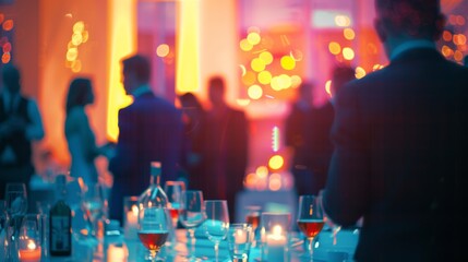 Business professionals networking at office party with blurred background of modern corporate center, ideal for team building events, corporate celebrations, and business social gatherings