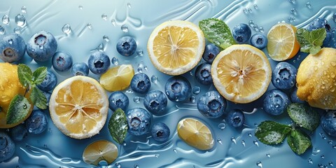 Fresh blueberries and sliced lemons with water droplets on a blue background, ideal for summer and refreshing themes.