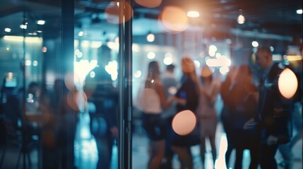 Business professionals networking at office party with blurred background of modern corporate center, ideal for team building events, corporate celebrations, and business social gatherings