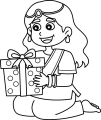 Diwali Girl Holding Gift Isolated Coloring Page 