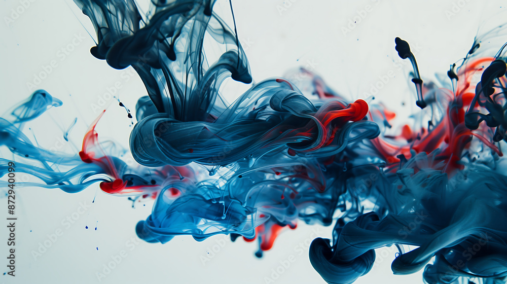 Poster vibrant display of dynamic ink swirls in water, showcasing a mesmerizing mix of red and blue colors,