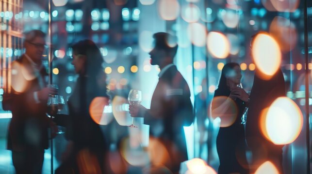 Professional business gathering at office center with blurred motion of people socializing and networking at corporate event