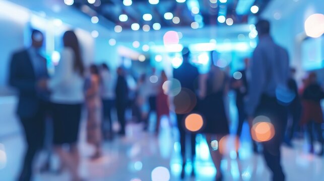 Professional business gathering at office center with blurred motion of people socializing and networking at corporate event