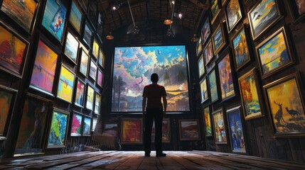 Person standing in a gallery filled with colorful paintings, gazing at a large artwork. Atmospheric and inspiring art collection display.
