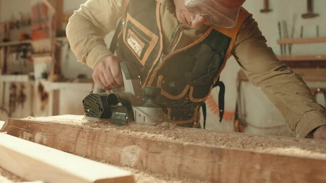 Wood, sander and carpenter in workshop with tools for furniture, production or construction project. Handyman, building and woodworking process in warehouse with manufacturing or labor in business	
