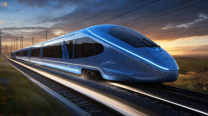 Modern blue hydrogen train driving on railroad tracks, motion blur. Sustainable, zero emission and fast rail transport. 