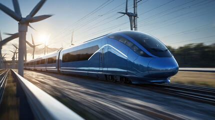 Fototapeta premium Modern blue hydrogen train driving on railroad tracks, motion blur. Sustainable, zero emission and fast rail transport. 