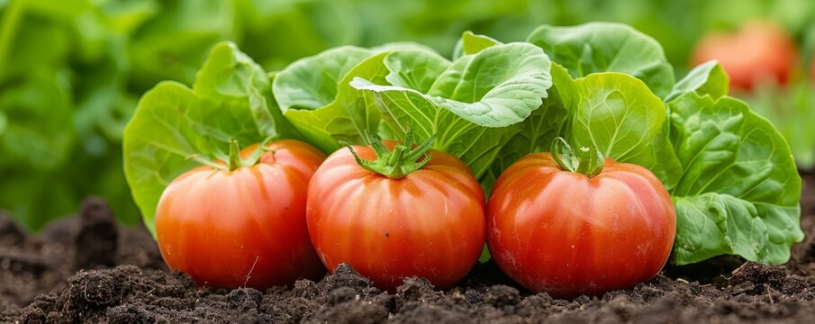 Fresh ripe red tomatoes and crisp lettuce growing in rich soil in a vibrant vegetable garden, ready for harvest and organic farming.