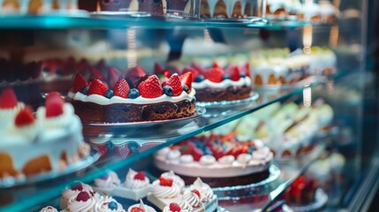 Variety of Cakes and Pastries in Bakery Display
