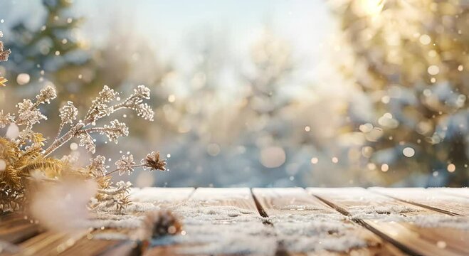 A wooden table covered in snow with a pine branch and pine cone on it. There are blurred out snow covered trees in the background and snow is falling.