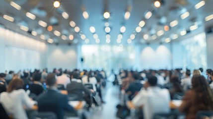 Professional business conference room background with blurred audience, modern meeting space, and corporate environment