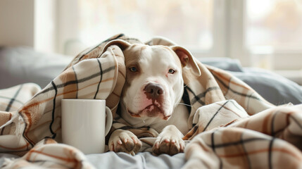 bull dog with coffee cup sleeping under a blanket 