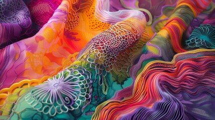 Vibrant, abstract, colorful textile design with intricate patterns in orange, purple, green, and pink hues, evoking a sense of creativity and art.