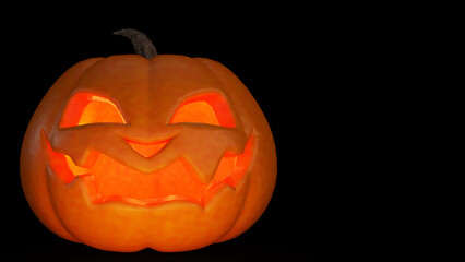 Jack o lantern glowing in the dark on black background and copyspace. Scary Halloween pumpkin smiles