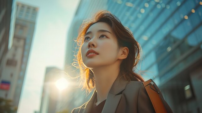 Low angle view of a beautiful korean businesswoman commuting to work in the city, high building background