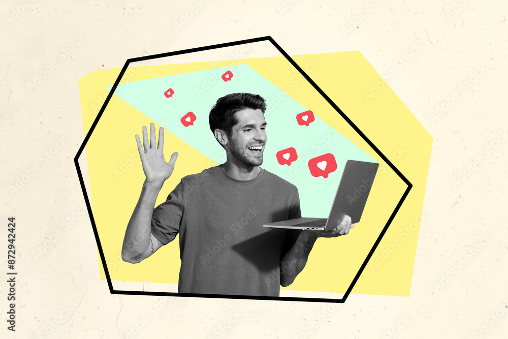 Poster sketch retro collage of cheerful smiling man chatting speaking with blog followers isolated on drawi