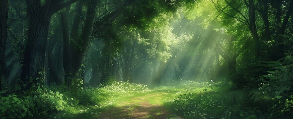 Obraz premium Enchanting Path in a Lush Green Forest with Tall Trees and Sunlight Filtering Through the Leaves, Leading into Darkness, Capturing the Beauty and Mystery of Nature