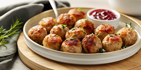 Swedish meatballs with lingonberry sauce. Traditional Swedish meatballs are made with a blend of ground beef and pork and served with a lingonberry sauce -Swedish
