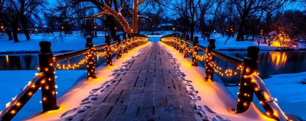 A picturesque wooden bridge adorned with warm lights, crossing a snowy landscape at dusk, creating a serene winter scene.