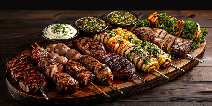 A variety of grilled meats and vegetables on a wooden board, the meats are beef, chicken, and pork. The vegetables are corn, peppers, and onions.