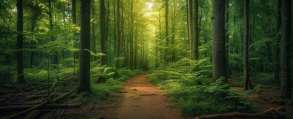 Enchanting Path in a Lush Green Forest with Tall Trees and Sunlight Filtering Through the Leaves, Leading into Darkness, Capturing the Beauty and Mystery of Nature