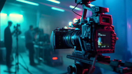 Fototapeta premium Closeup of professional camera recording or shooting movie film production set in studio. Television crew backstage behind the scenes teamwork, making media, cinematography stage, copy space