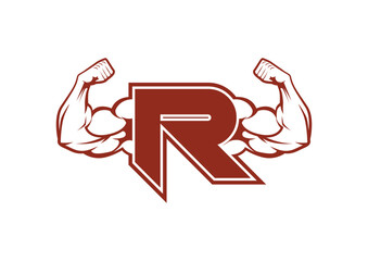 Muscular Bicep flex with Letter R Fitness Gym logo.