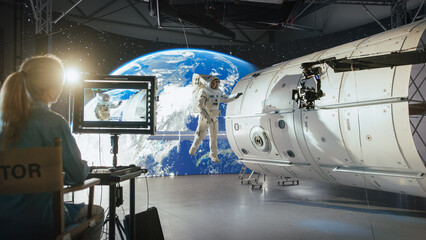 Successful Female Director Filming Sci-fi Movie Filming With Diverse Crew, Using Virtual Production and Cgi. Astronaut Actor Performs on Futuristic Set With Equipment, Creating Immersive Visuals.