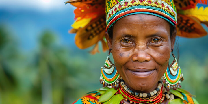 Portrait of smiling Dani woman in traditional clothing and headdress