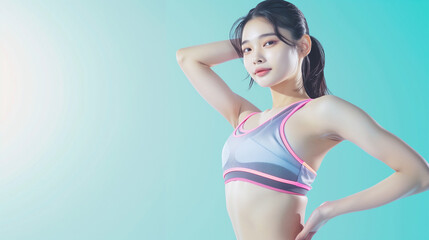 Obraz premium A young, beautiful Asian woman is standing confidently in fitness wear. Korean, Japanese. Gym, fitness club, Pilates, studio.version58