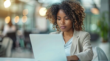 Fototapeta premium Professional black businesswoman using a laptop in a modern office. Copy space