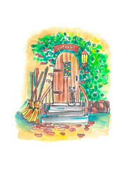 watercolor illustration for Halloween, witches with brooms