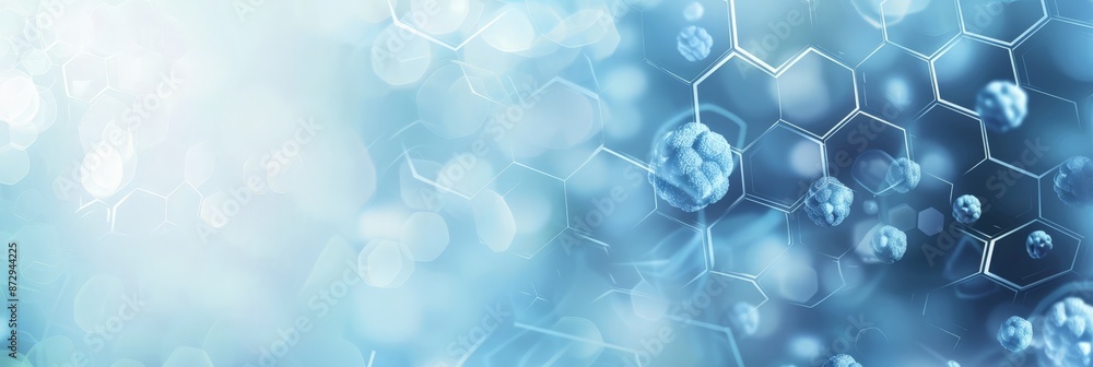 Poster Light and airy medical background with hexagonal elements and a blue and white color scheme. Perfect for healthcare and scientific themes.