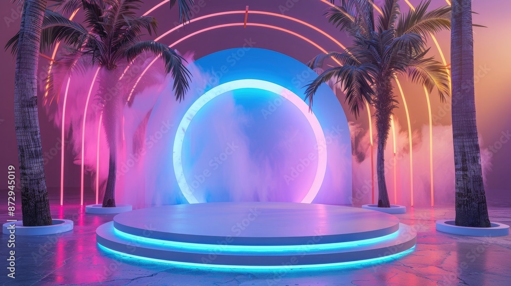 Poster An empty podium with palm trees and neon lights, creating a bold and stylish backdrop for a product display. 