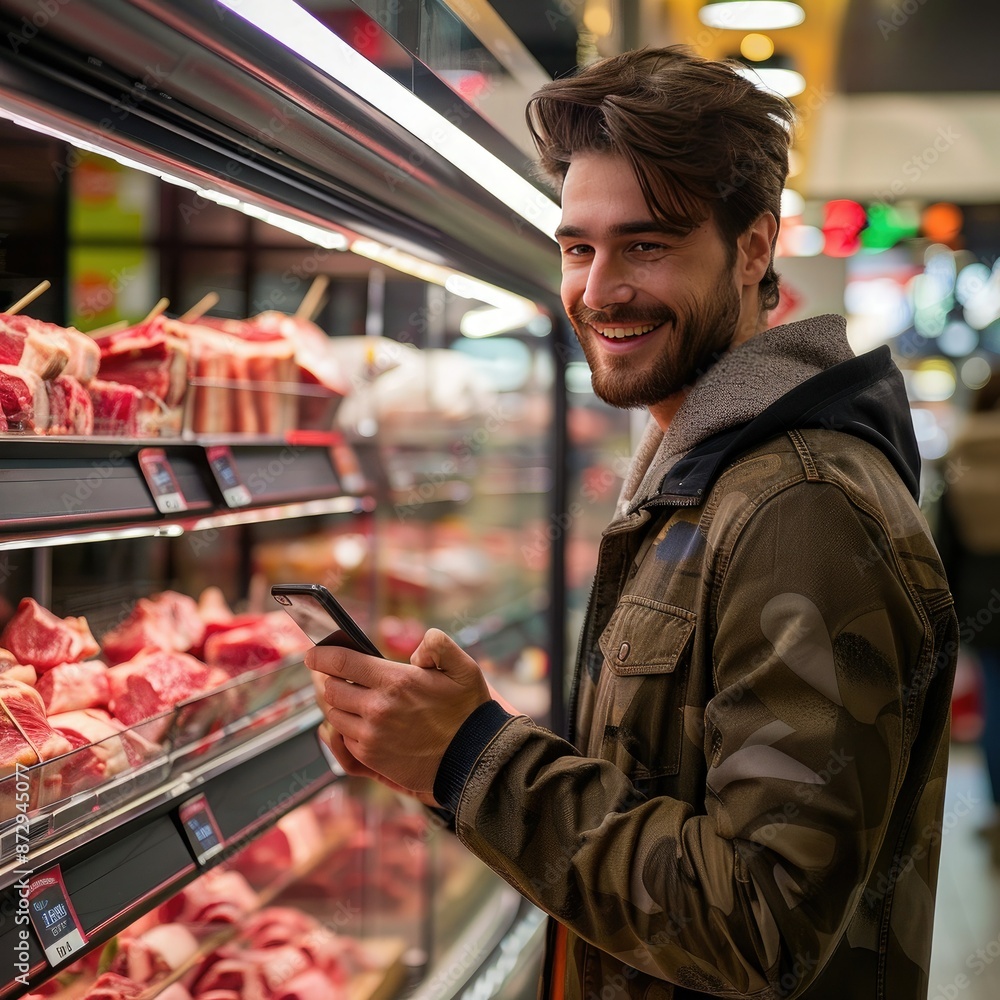 Poster a man with a bright smile, using his smartphone to compare prices, while looking at the camera in th