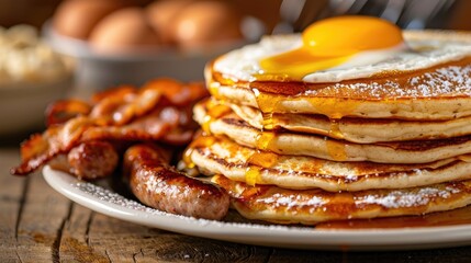 Fast food breakfast platter pancakes, eggs, sausage and hash browns