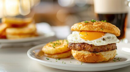 Fast food breakfast with egg and sausage muffin, hash browns, and coffee
