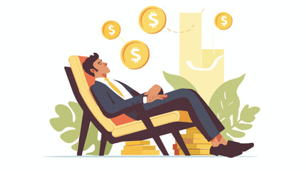 Passive income and market investing flat vector illustration. Investor man relax in chair and get money profits