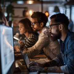 In a vibrant, open-concept office, a diverse team of analysts collaborates on a critical project. The group, representing various backgrounds and expertise, gathers around a large conference table.