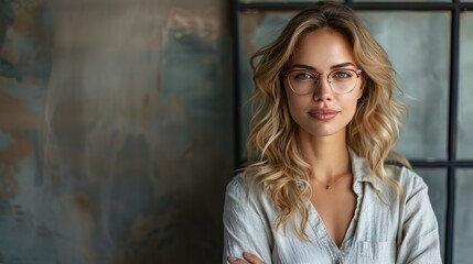 Fototapeta premium A beautiful blonde businesswoman wearing glasses with a fit body and sleek clothes 