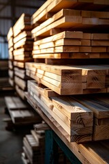 Pile of wood lumber planks stacked at residential construction site or shop.