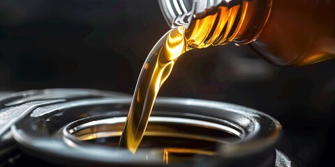 Refueling and pouring oil quality into the engine motor car Transmission and Maintenance Gear. Closeup on golden oil.