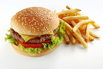 Classic cheeseburger with lettuce, tomato, and cheese, accompanied by a side of French fries. Perfect for fast food promotions or menus.
