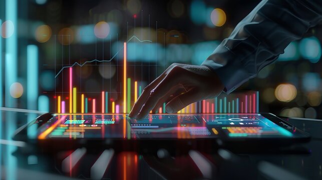 Businessman investment consultant analyzing financial report with digital augmented reality graphics, highlighting company balance statement and economic trends, ideal for business, economy, and marke